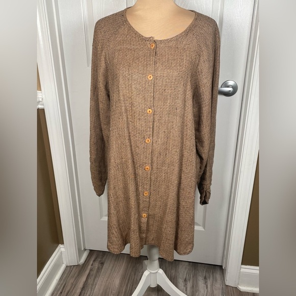 FLAX 100% Linen Long Button Cardigan Lagenlook Brown Sz Medium - Picture 5 of 8